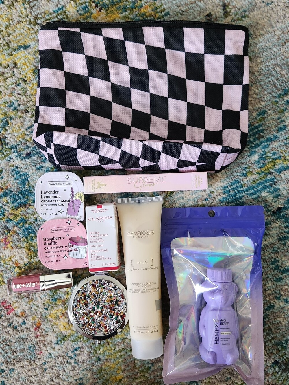 9pc Bundle Pink & Black Checkered Makeup Bag with Lavender Bath & Body Set